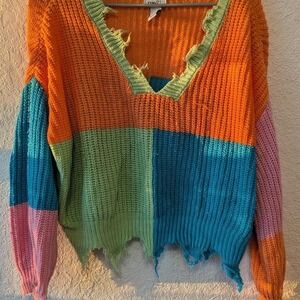 Multicolored distress knit sweater‎